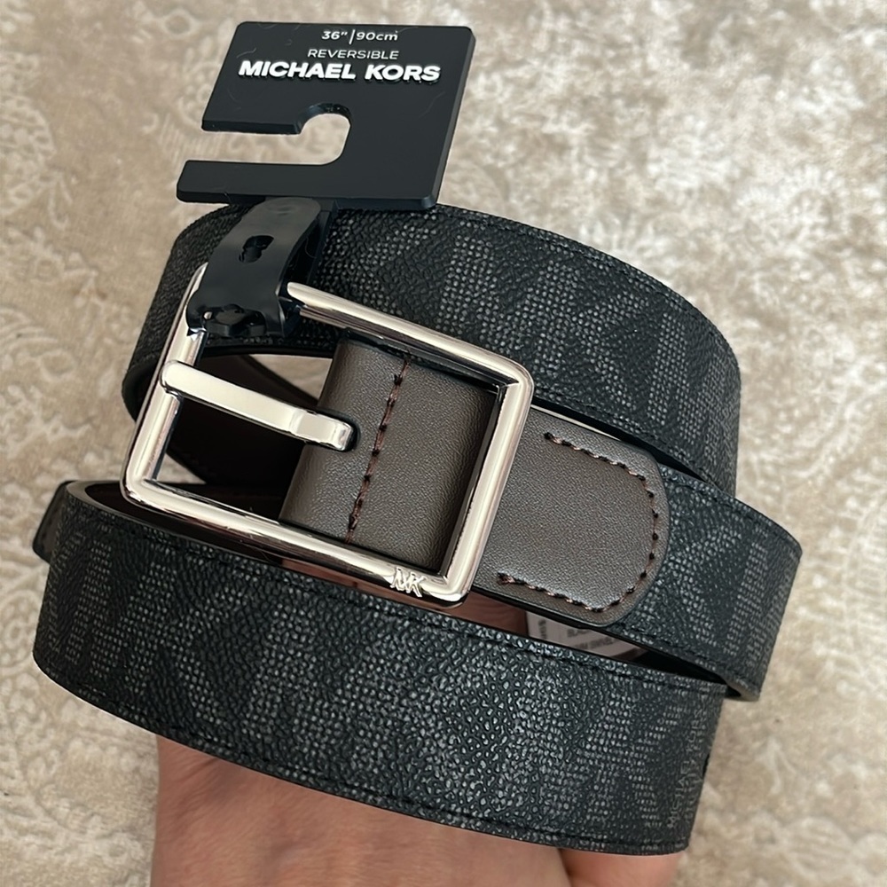 Brand New Michael Kors Men's Swivel Reversible Belt Black Logo Brown Office